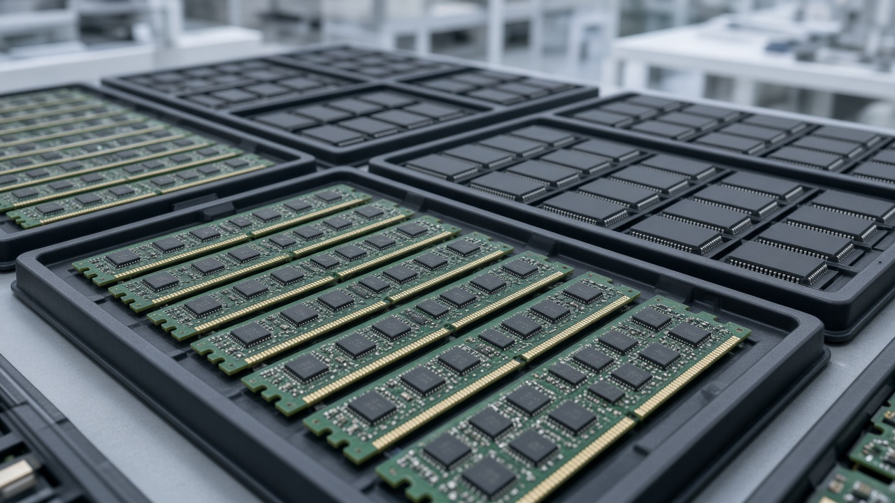 Memory chips and modules on trays in a semiconductor facility