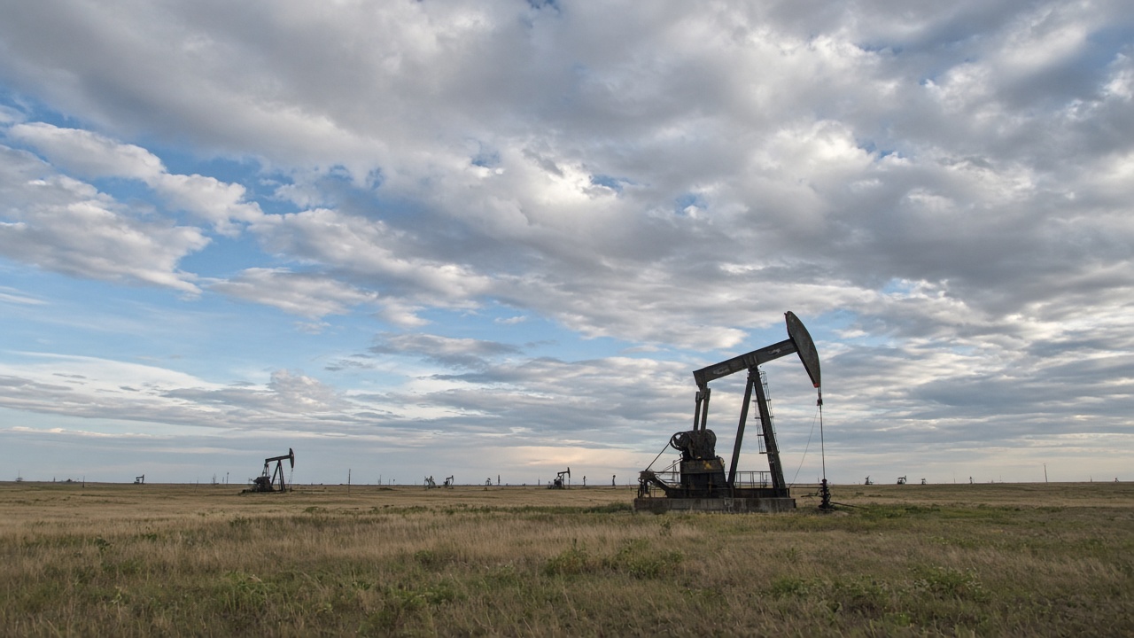 Prairie oil pumpjacks under a wide sky