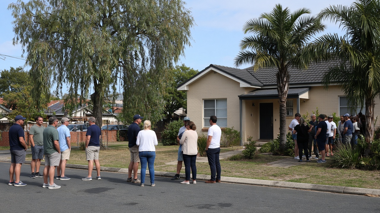 Suburban auction crowd across a street