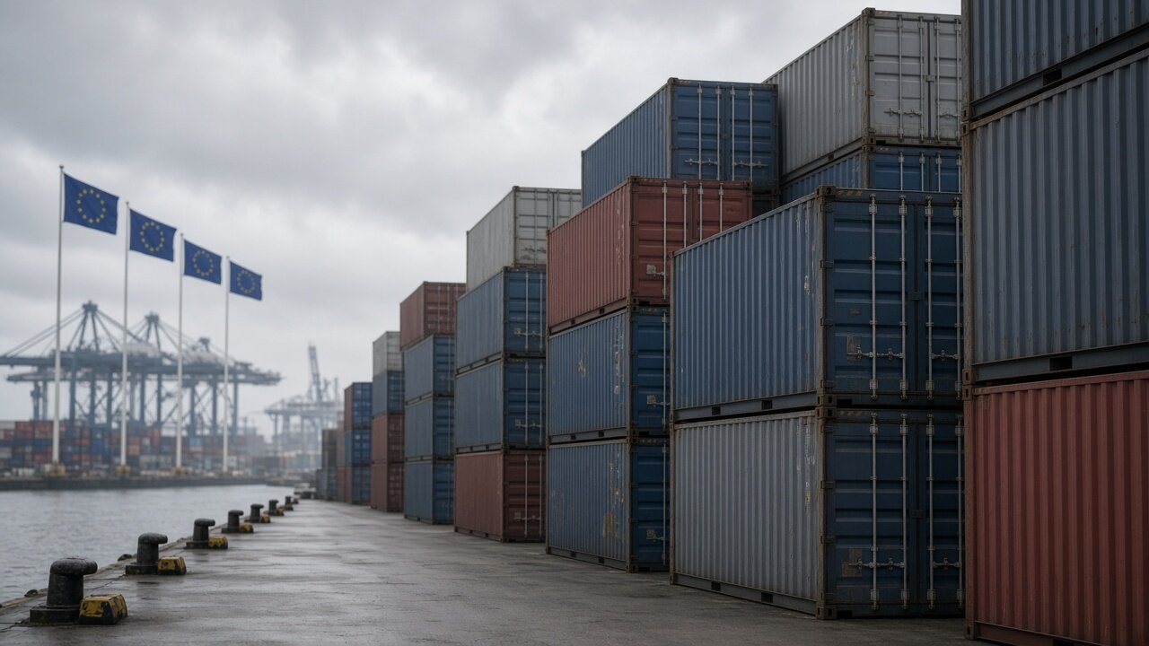 Shipping containers at a European port terminal