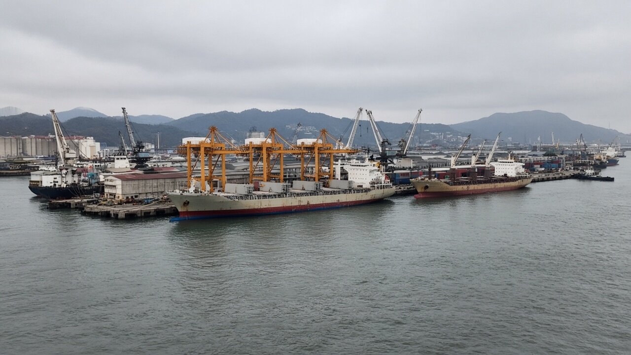 Chinese coastal port with cargo ships and cranes