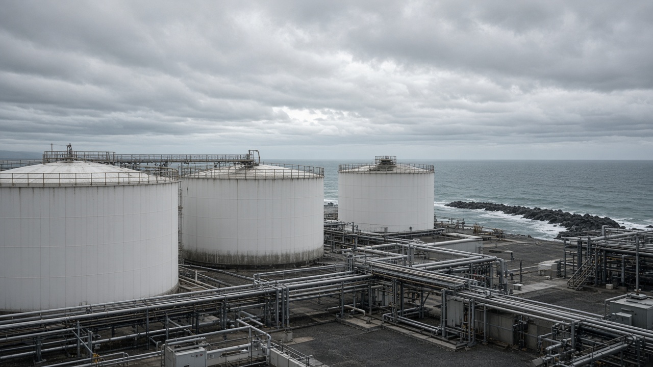 Oil storage tanks at a coastal terminal