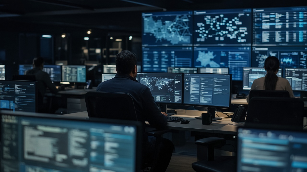 Cybersecurity operations room with screens
