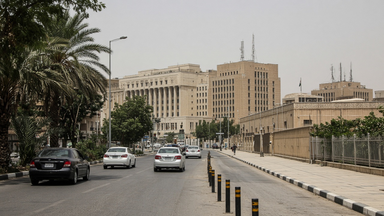 Baghdad street with government buildings