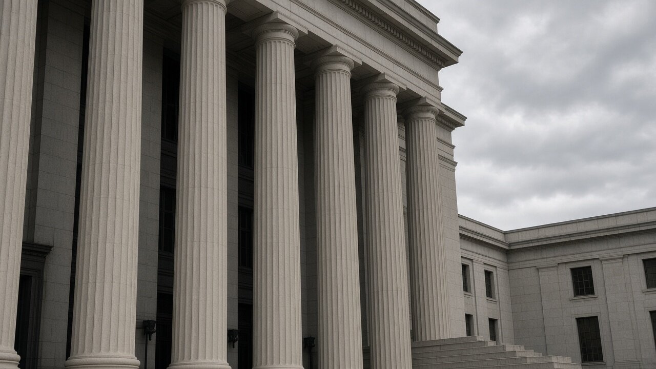 US federal courthouse exterior with columns under grey sky