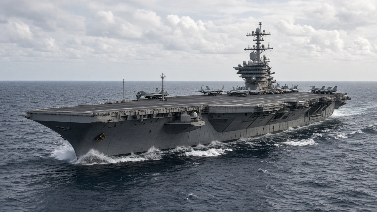 Aircraft carrier at sea in a wide establishing shot