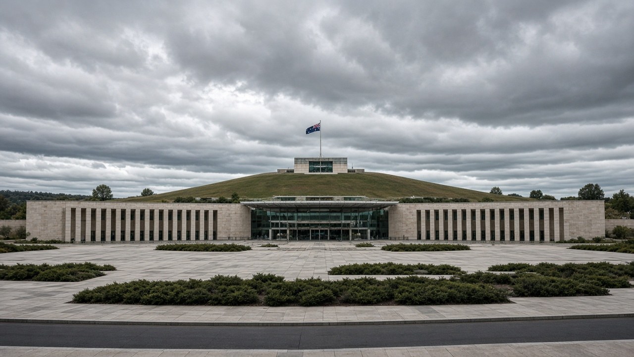 Le Parlement australien sous un ciel gris à Canberra
