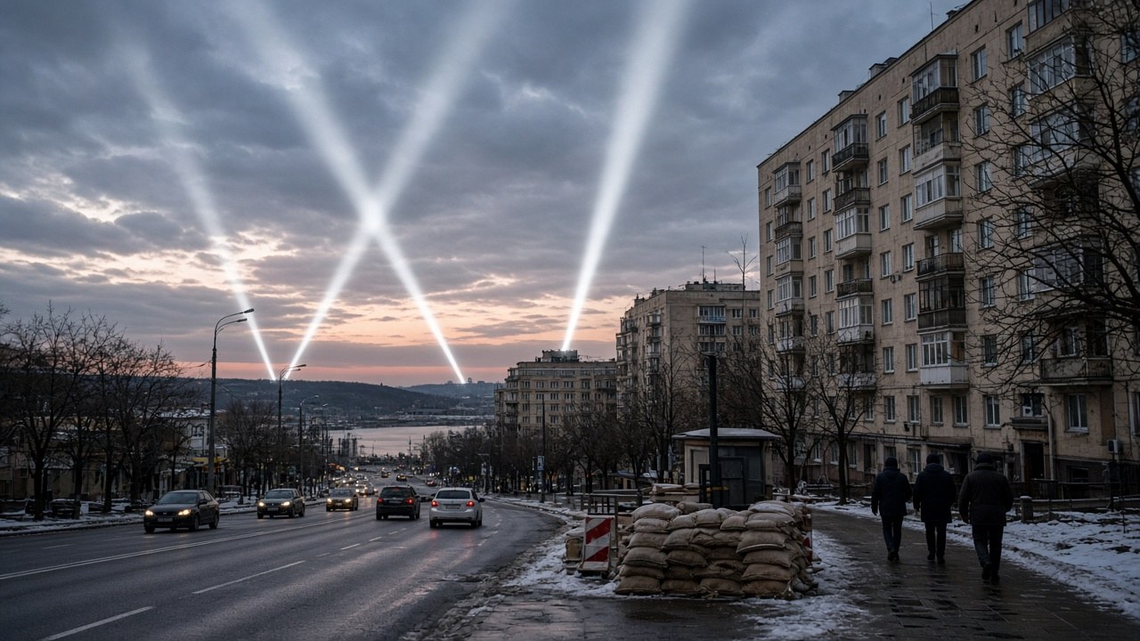 Kyiv street at dusk with apartment blocks and overcast sky