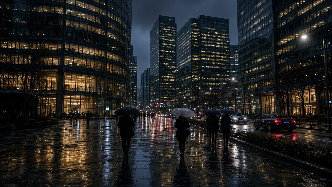 Seoul financial district street at night after rain