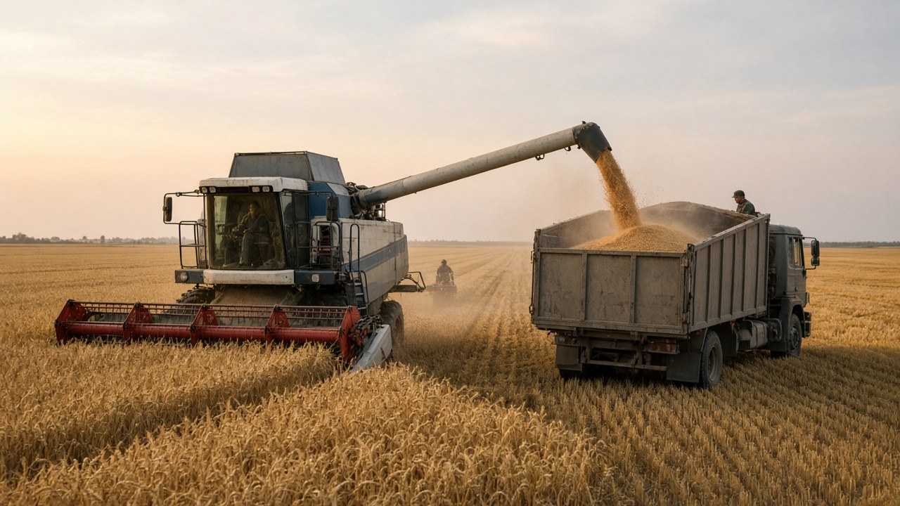 Wheat being unloaded from a combine into a truck in a field