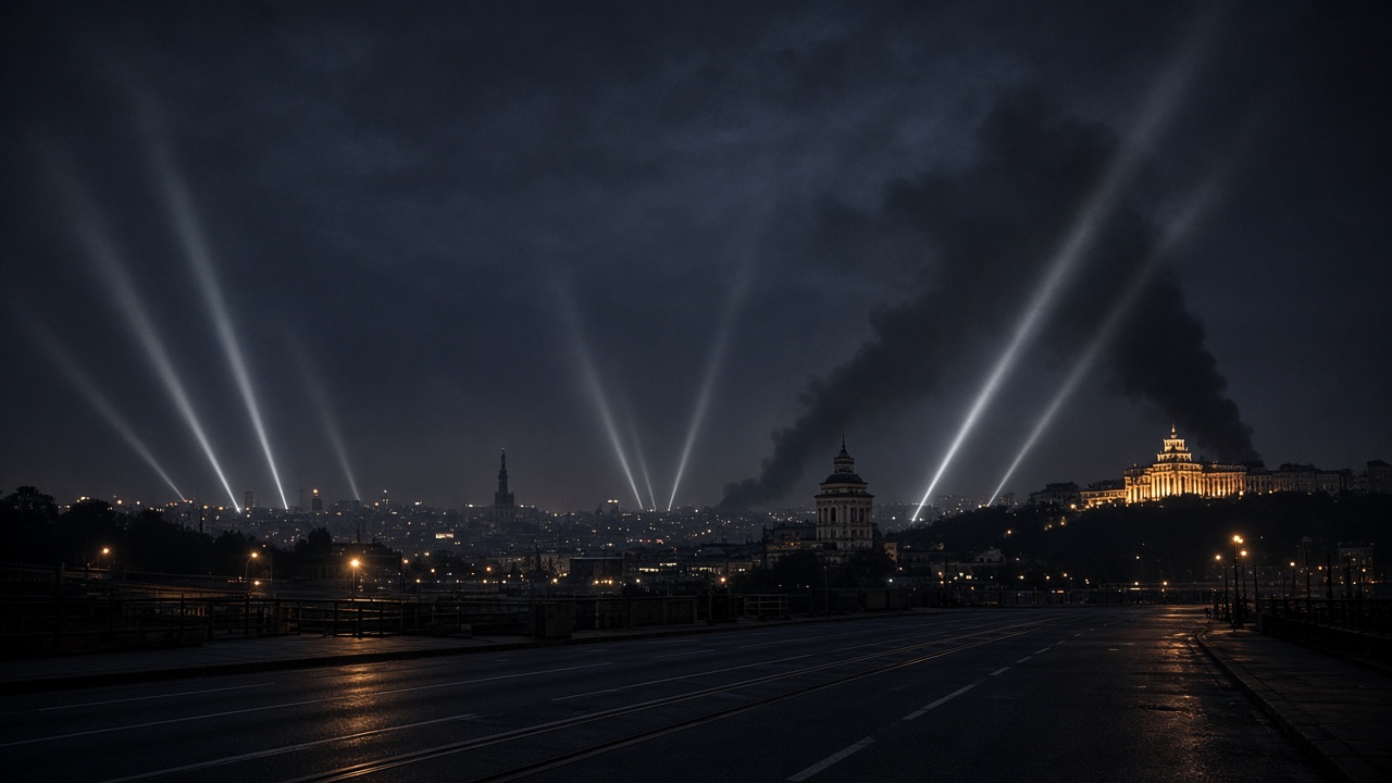Kyiv skyline at night with air-defence lights and distant smoke