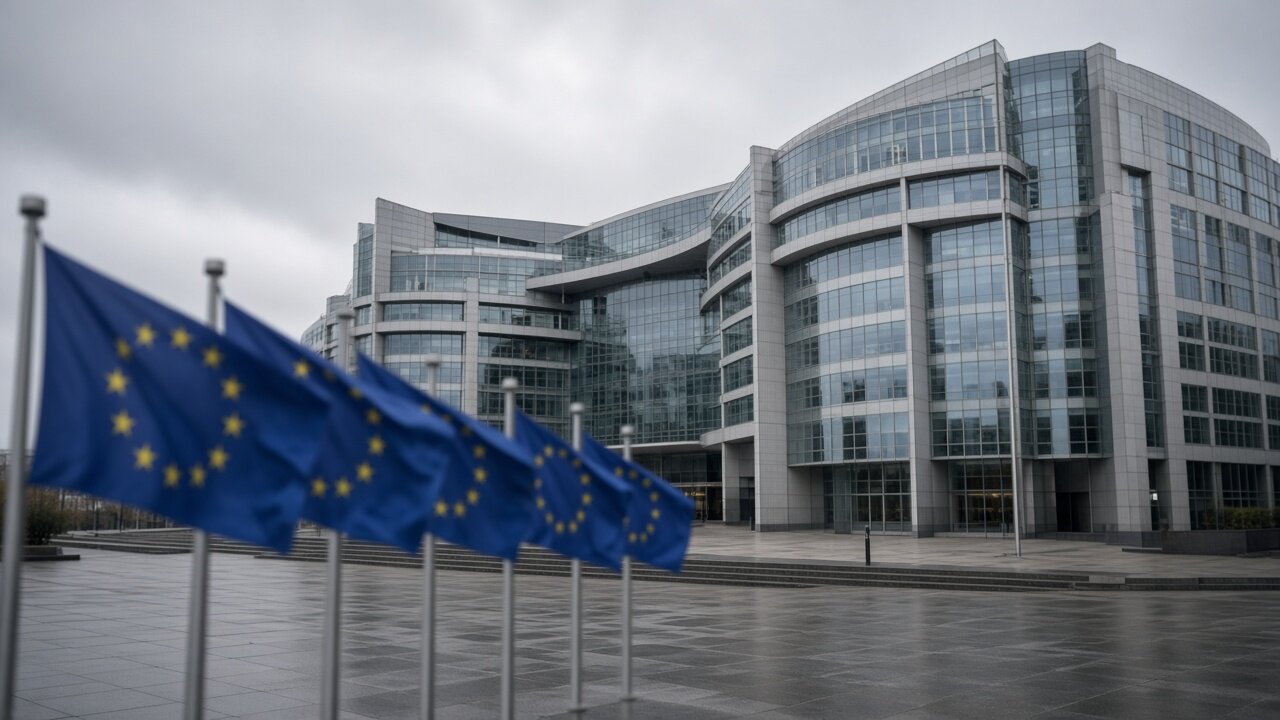 Bâtiment de la Commission européenne à Bruxelles, drapeaux flous