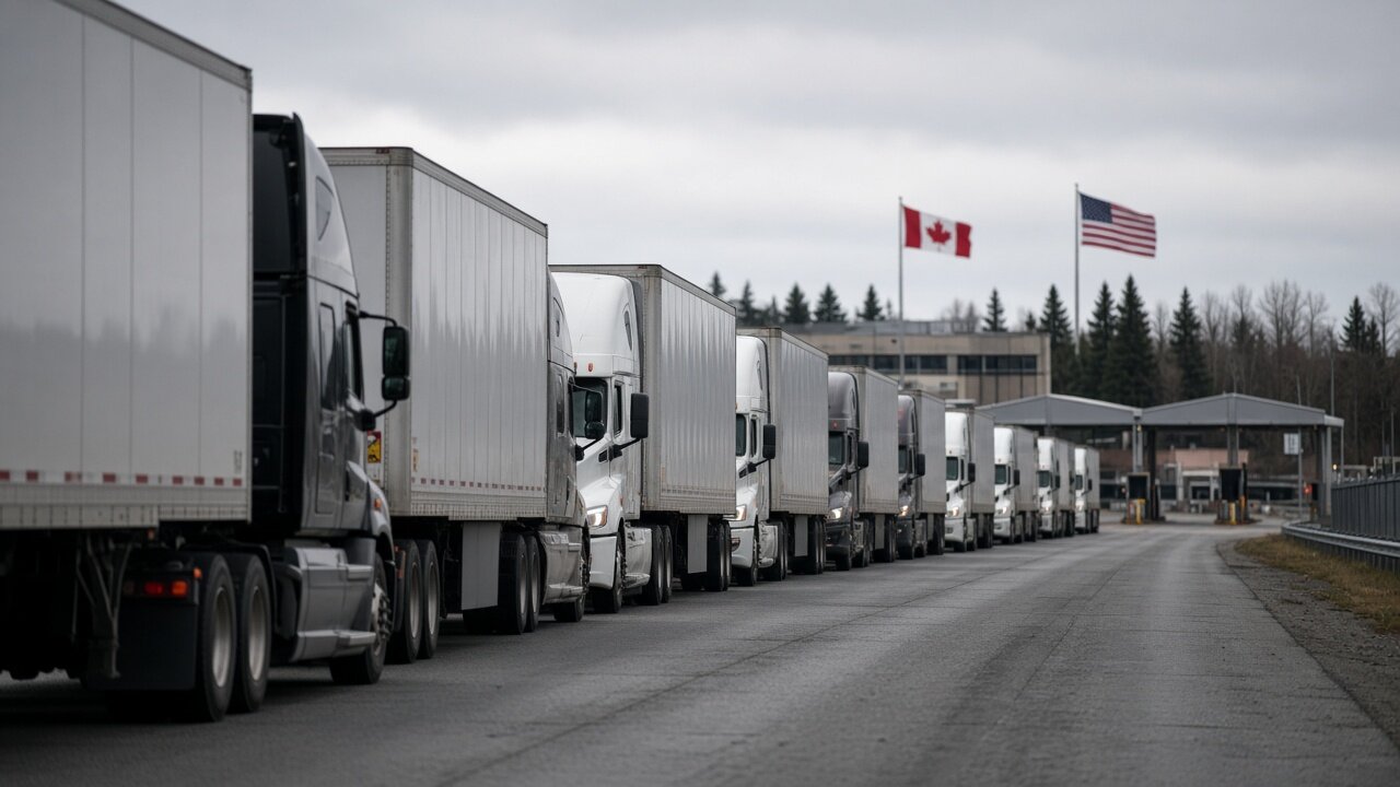 Trucks queued at a Canada-US border customs plaza