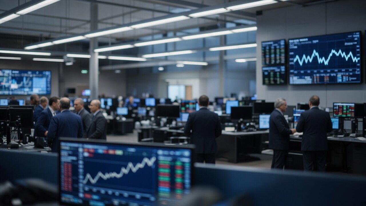 Trading floor with bond yield screens in soft focus
