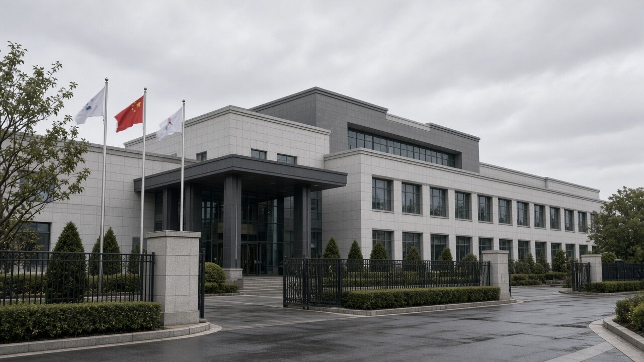 Façade d'un bâtiment diplomatique moderne à Pékin, lumière grise